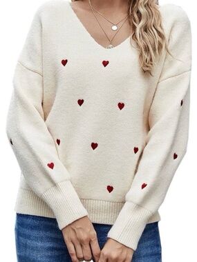 Off-the-Shoulder Cream Heart Detail Sweater